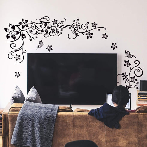 LiveGallery Removable Black Vinyl Flowers Wall Decals, DIY Flower Vines and Butterfly Stickers for Home Decor