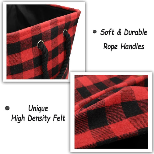 Large Rectangular Foldable Storage Baskets, Cotton Rope Handles, Soft Felt Fabric Bins, Red Black Grid