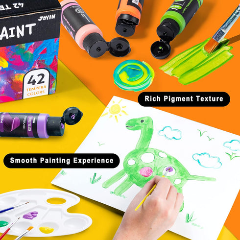 Set 42PCS, 15 4 (2 oz JOYIN Washable Tempera Paint for Kids Non Toxic Liquid Paint with Brushes and Palettes - Art