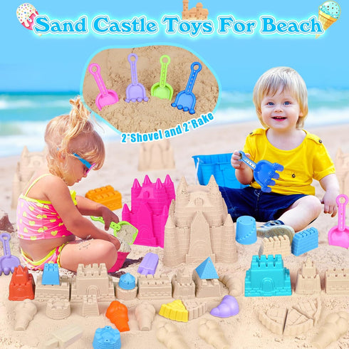 2 3-10 FUSPWEAO Beach Toys Sand Toys for Kids, Sand Castle Toys for Beach with Castle Bucket and Mesh Bag, Sand Molds