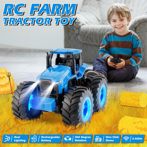 BAYSING 3, 4, 5, 6, 7 Remote Control Monster Tractor Toy for years old, Blue Light Up Monster Trucks Toy with LED