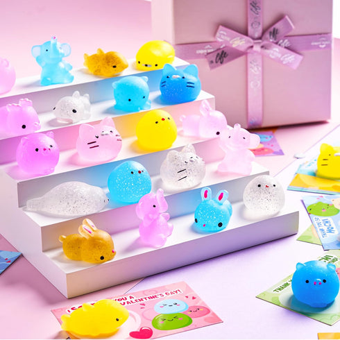 36 Packs JOYIN Valentines Day Gift Cards with Glitter Mochi Squishy Toys, Stress Relief Fidget Toys, Critter Mochi