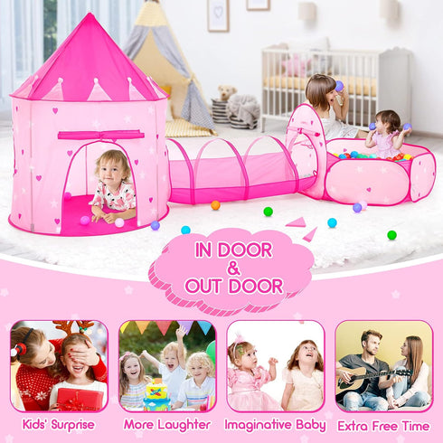 PigPigPen 3pc Kids Play Tent - Princess Tents with Ball Pit, Crawl Tunnel for Toddlers, Indoor & Outdoor Playhouse Toys