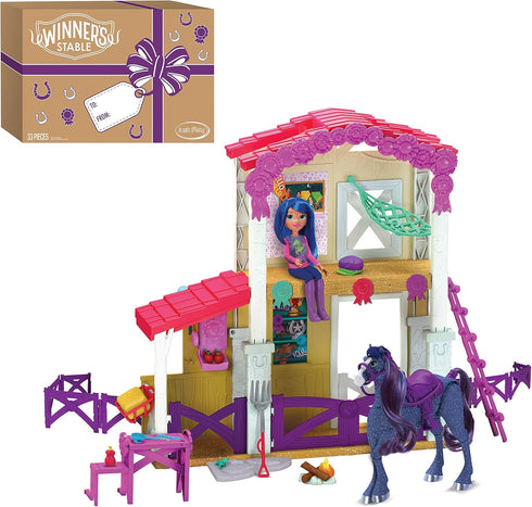 Winner's Stable Camp Clover Barn Playset by Just Play, 33-Pieces, Extending Barn with Horse Figure and Doll, Ages 3 Up