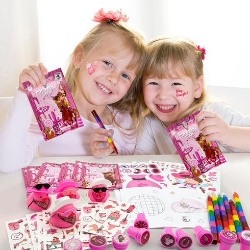 72 Set Cinrobiye Pcs Cowgirl Party Favors, Pink Western Coloring Books with Crayons Tattoos Stickers Stampers Wooden