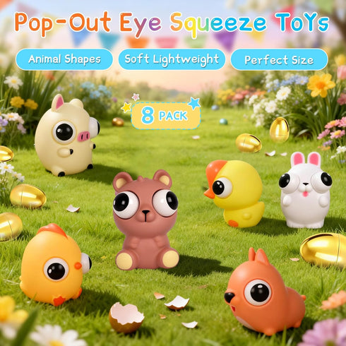 8 Pack Jumbo Golden Easter Eggs Fillers with Popping Eyes Fidget Toys, Squeeze Animals for Stress Relief, Easter Basket