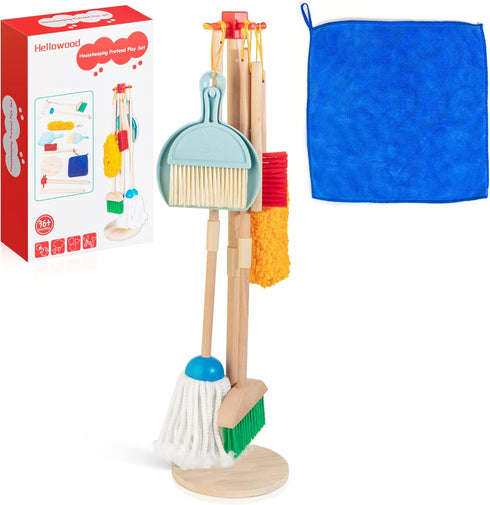 Kids Cleaning Set, 8 Pcs Wooden Housekeeping Play Set Includes Broom Mop