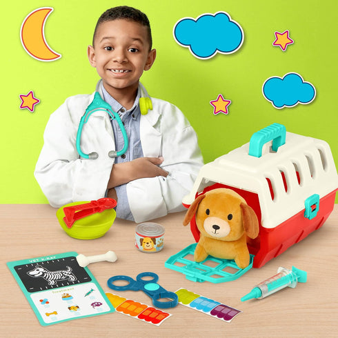 Battat – Mini Vet Playset (11Pc) – Plush Dog & Carrier – Stickers & Checklist – Toy Stethoscope & Bone – 2 Years + – Puppy Care Vet Kit