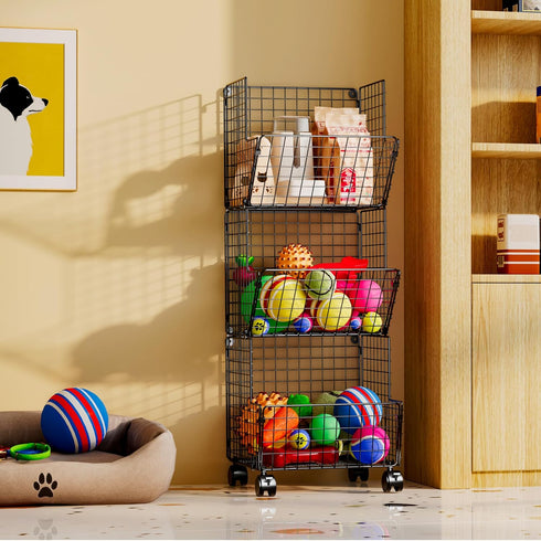 3 Tier Rolling Toy Organizer Basket with Wheels, S-Hooks, Adjustable Chalkboards - Toy Storage Cart for Kids Room