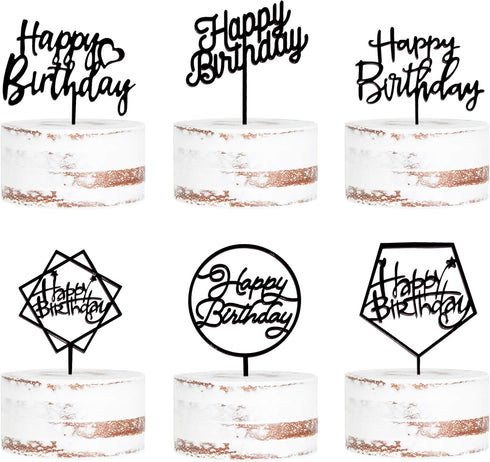 6-Pack Black Birthday Cake Topper Set, Double-Sided Shiny Acrylic Happy Birthday Sign for Party Decorations
