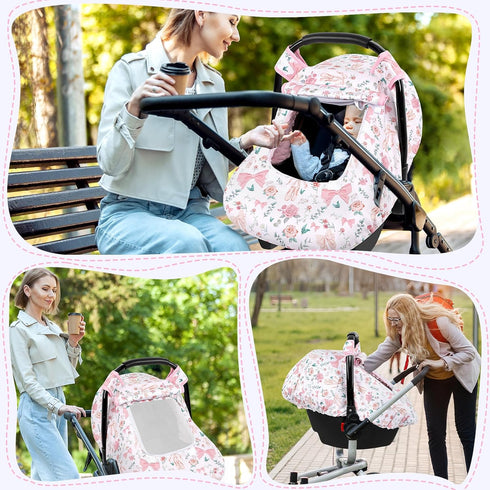 2 Cozy Baby Car Seat Cover Winter, Windproof Carseat Covers for Newborn with Layers Window, Pink Flowers Infant Car