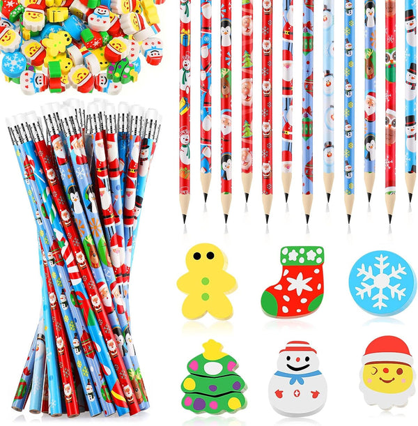 Christmas Pencils Mini Erasers Assortment, Multicolored Snowman, Santa Claus, Christmas Tree for Kids Holiday Favors
