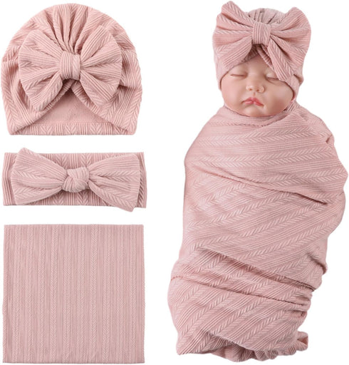 OMUKY Newborn Receiving Blanket, Bow Headband and Beanie Set, Baby Swaddle Wrap for Boys and Girls, Pink