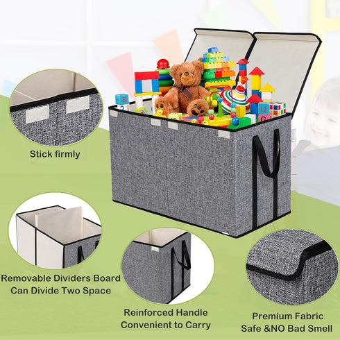 26.8"x13.8"x16"(Grey) YOLOXO Large Kids Toy Box Chest Storage organizer with Double Flip-Top Lid - Collapsible Sturdy