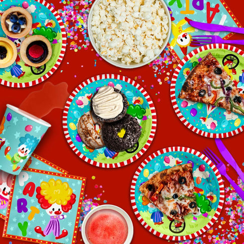 Clown Birthday Party Supplies Set, Circus 1st Birthday Tableware Kit for Kids Includes Plates Napkins Cups