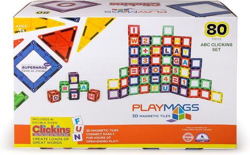 Playmags Magnetic Tile Building Set - 80-Pc. Kit with 40 Clear Color Magnet Tiles & 40 Letters