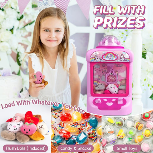 Claw Machine for Kids - Mini Vending Machine with Unicorn Toys, Candy Grabber Prize Dispenser, 20 Mini Plush Toys