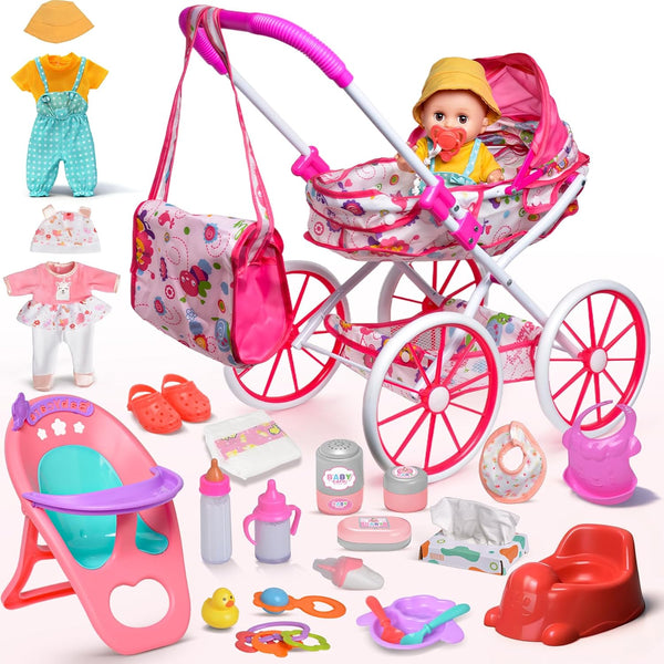 Baby Doll Stroller Set Toys with 12.5'' Baby Dolly, Baby Doll Accessories