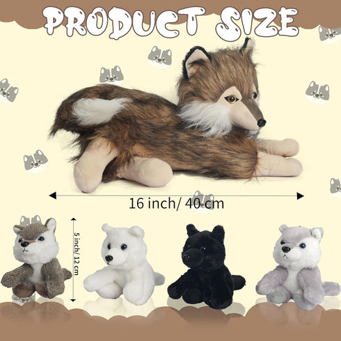 Plush Wolf with 4 Cubs Toy Set, 16 Inch Mommy Wolf Stuffed Animal with 4 Wolf Babies in Zippered Pouch