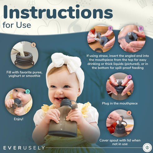 Leakproof Silicone Reusable Baby Food Pouches, BPA-Free, Dishwasher Safe, Refillable, Spill-Proof for Toddlers
