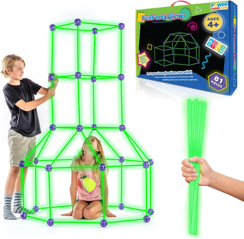 Fun Forts Glow Fort Building Kit for Kids - 81 Pack Glow in The Dark STEM Building Toys for Indoor Outdoor Play