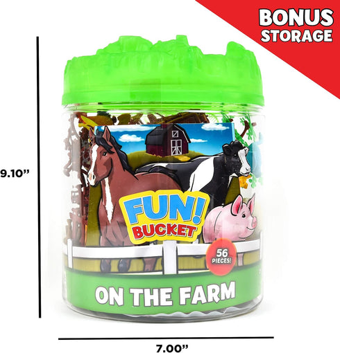 Sunny Days Entertainment Farm Animals Bucket – 56 Piece Toy Play Set for Kids | Horses and More Plastic Figures Playset with Storage Bucket