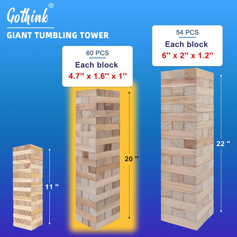 3.2 60pcs GOTHINK Giant Tumble Tower Game, Large Tumbling Tower Stacking to Over FT Wooden Jumbo Blocks for Outside