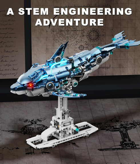 Set Swimming 8+, Moving Mechanical Dolphin Building - Hand Crank Model Kit with Tail, Movable Jaw & Glowing Lights |