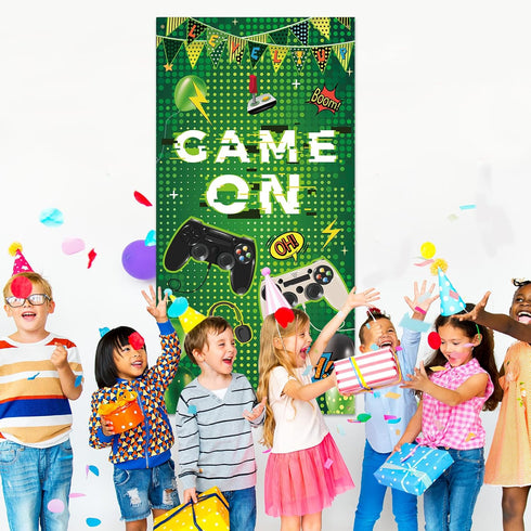 Green Level Up Game On Door Banner - Video Game Party Decoration and Photo Backdrop for Boys 1st Birthday