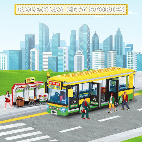 WEMEWEME Set 6+, 386PCS City Bus Building Blocks for Kids Pushable Bus Toy with Station Platform, Realistic Doors