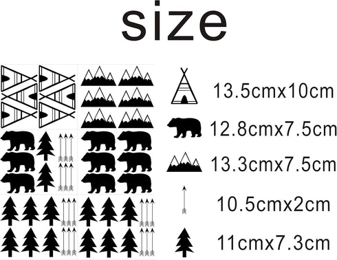 Woodland Wall Decal, Bears, Arrows, Teepees, Trees, and Mountains Decor, Matte Vinyl Stickers for Nursery