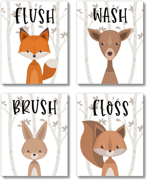 Brooke & Vine Kids Bathroom Wall Art Prints (UNFRAMED 8 x 10 Set of 4) - Woodland Animals Rustic Decor