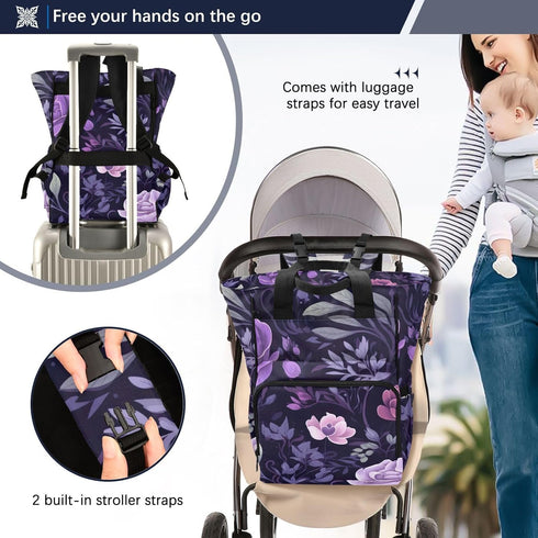 SPRIPORT Backpack Leaves Purple Florals Beautiful Diaper Bag for Baby Boys Girls Multifunction Travel Tote