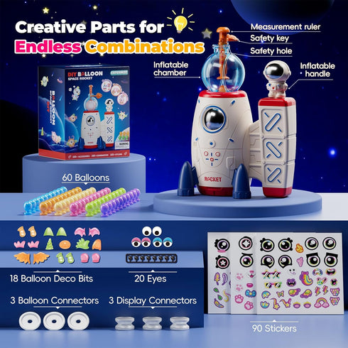 PINSHILE 3+ DIY Space Magic Balloon Craft Kit, Sticker Decorated Balloons Toy for Kids, Rocket Air Pump Fun