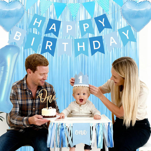 FINDRICH 1st 1 First Birthday Decorations for Boy, Birthday Decorations Boy with High Chair Banner, Number Balloon Cake