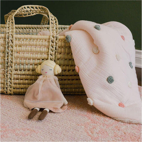 36" 36", 100% Crane Baby Soft Cotton Muslin Nursery Blanket with Pom Pom Trim, X Stroller Blanket for Girls, Pink
