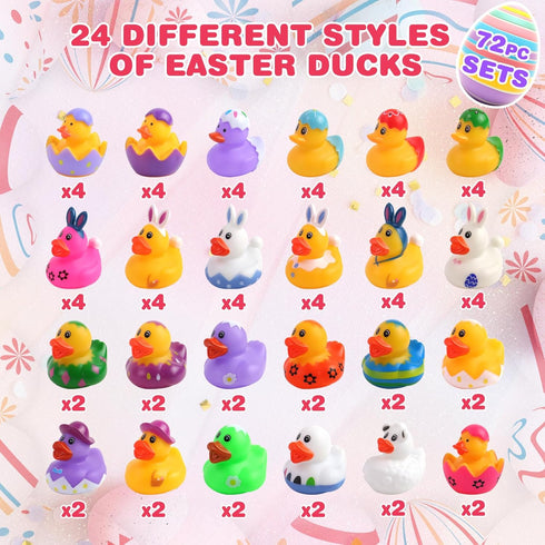72 Pcs Easter Rubber Ducks - Easter Ducks Bag Fillers Ducking, Bathtub Toys, Party Favors, Classroom Game Prizes