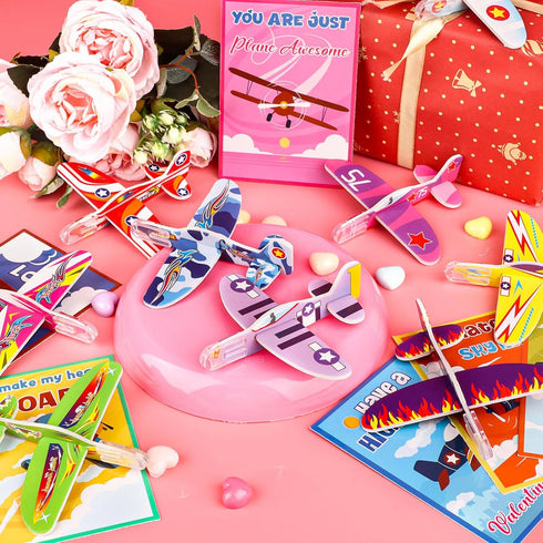 28 Pcs Valentine's Day Gift Card with Foam Airplanes Toys for Kids Boys Girls Valentines Party Favor Classroom Exchange