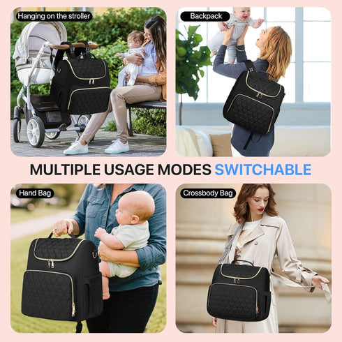 Xocvji Backpack 4 1 Diaper Bag with Changing Pad, Crossbody in Convertible Baby Bag with Insulated Pockets and Stroller