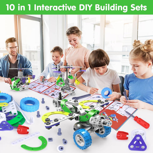 10 in 1 Electric STEM Toys for Boys & Girls Age 4-8, Birthday Gift Erector Sets for Kids 5-9, Educational Building Kits