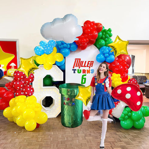 Red Blue Green Yellow Balloon Garland Kit 130Pcs with Cloud Mushroom Star Balloons for Party Decorations