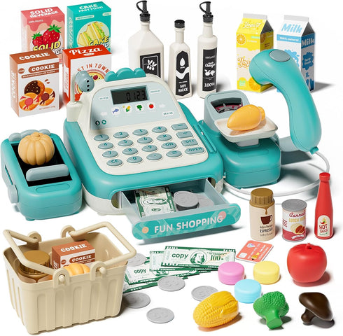 STACTCUTE 49Pcs Cash Register Toy Set for Kids, Pretend Play Grocery Store Cashier