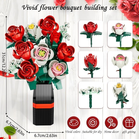 EXCOUP Set, Set 841 Flower Bouquet Building Artificial Roses Toy Building with Vase, Building Blocks Flower Brick Toys