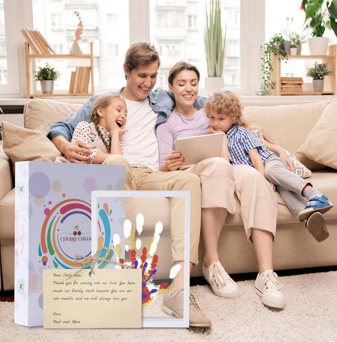 CHERRY CHEERS Set, Family Handprint Kit, DIY Craft Keepsake Wooden Frame, Endless Gift Non-Toxic Paints, Transparent