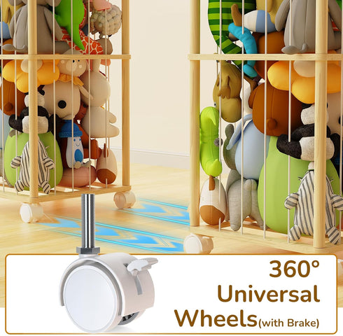 55.12in Stuffed Animal Storage Zoo with Wheels and Twinkling Bee String Lights, Large Wooden Stuffed Animal Storage