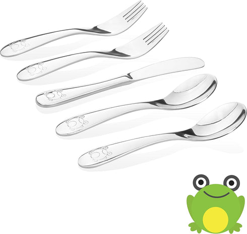 Kids Stainless Steel Utensil Set - High Grade Stainless #304 (18/8), Frog Model, Set of 5 (2 Spoons, 2 Forks, 1 Butter