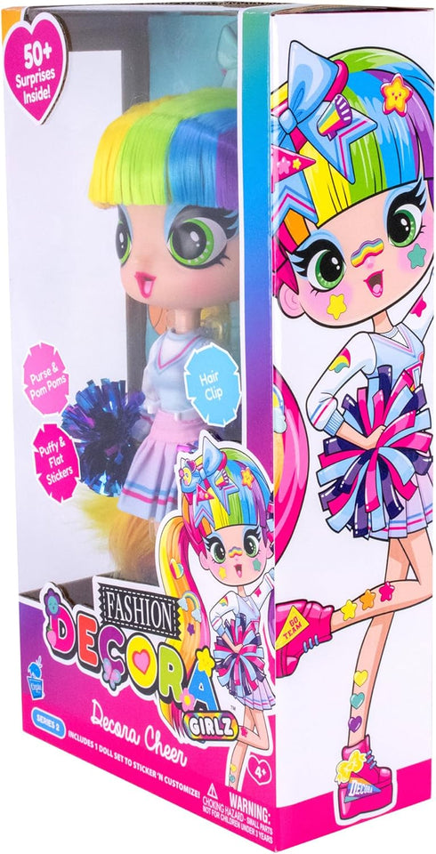 11 50+ 49 Decora Fashion Girlz Doll Decora Cheerleader Poseable Fashion Doll with Long Rainbow Hair, Surprises, Fabric
