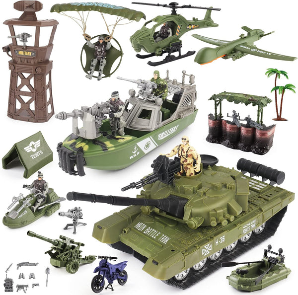 deAO Military Vehicles Toy Set: Combat Boat, Helicopter, Tank Toy with 5