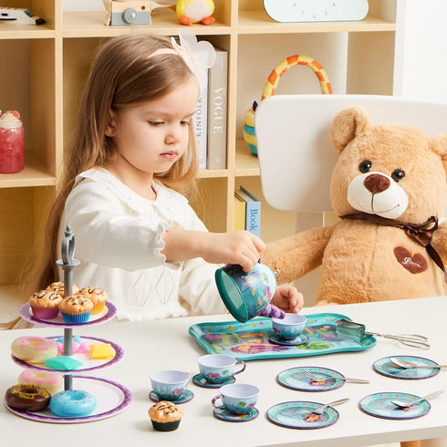 35Pcs Set Set, 3 4 5 6 JOYIN Mermaid Tea Party for Little Girls, Pretend Tin Teapot Princess Tea Time Play Kitchen Toy