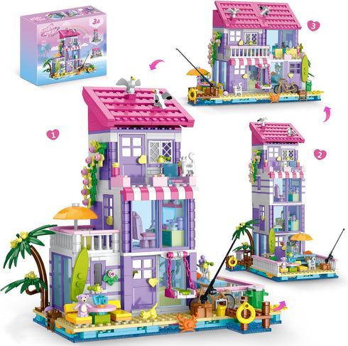 NEWABWN 3 in 1 Pink Girls Beach House Building Set with Light,